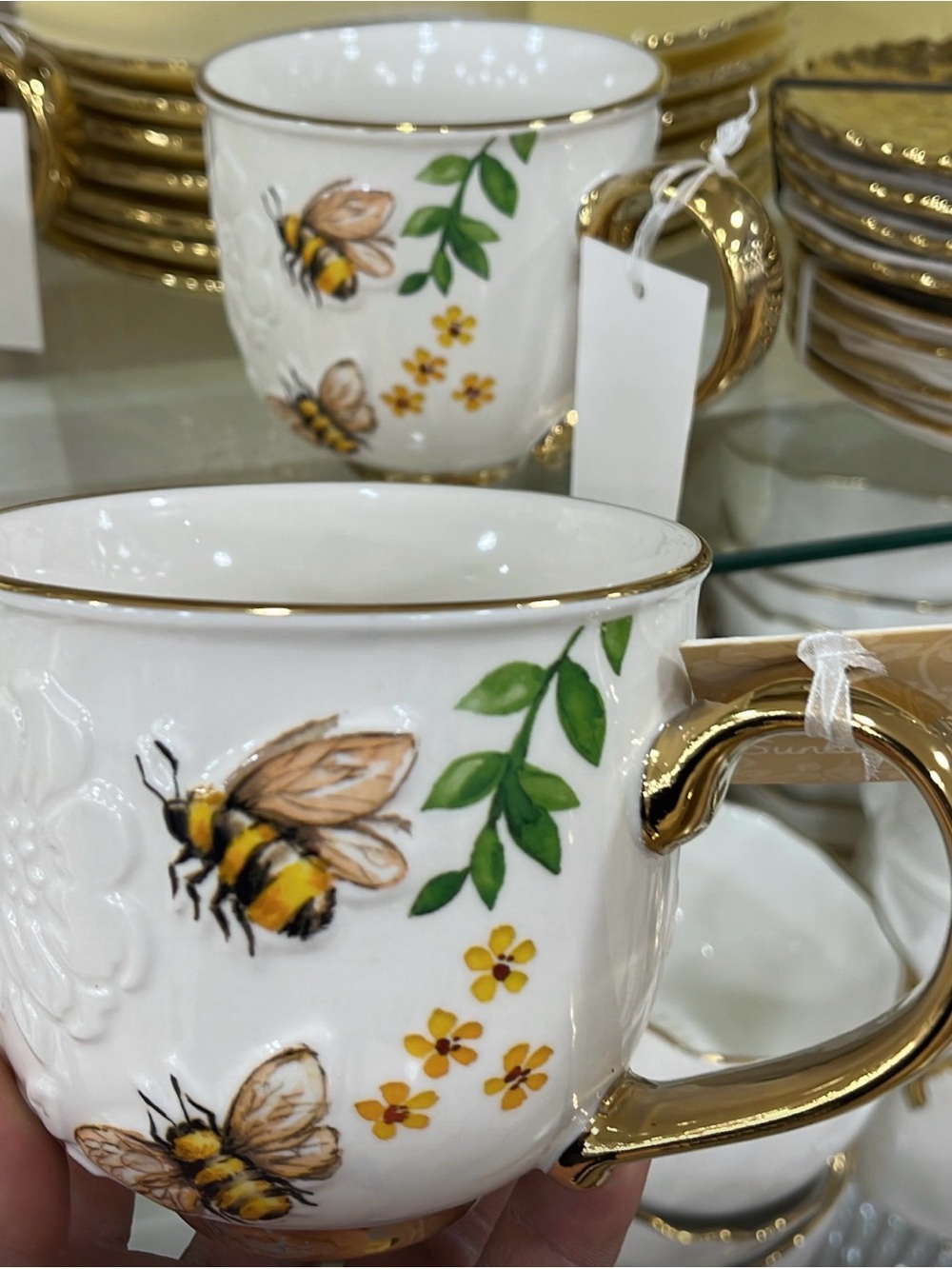 4 White Ceramic Bee Motif Mug with Gold Handle